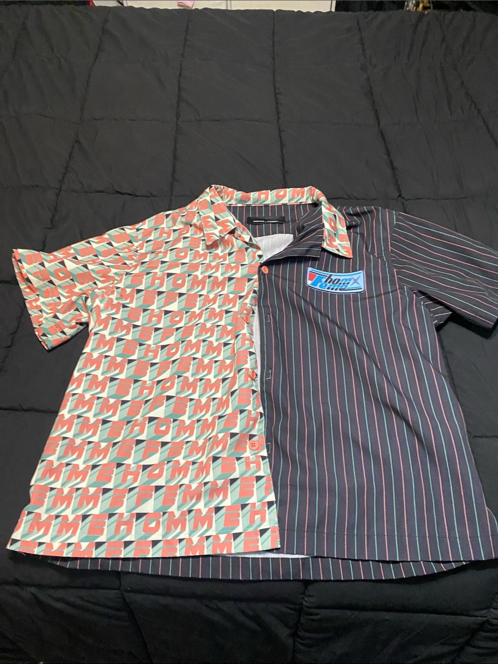 Two-Tone Men's Short Sleeve Button Shirt in Coral & Navy